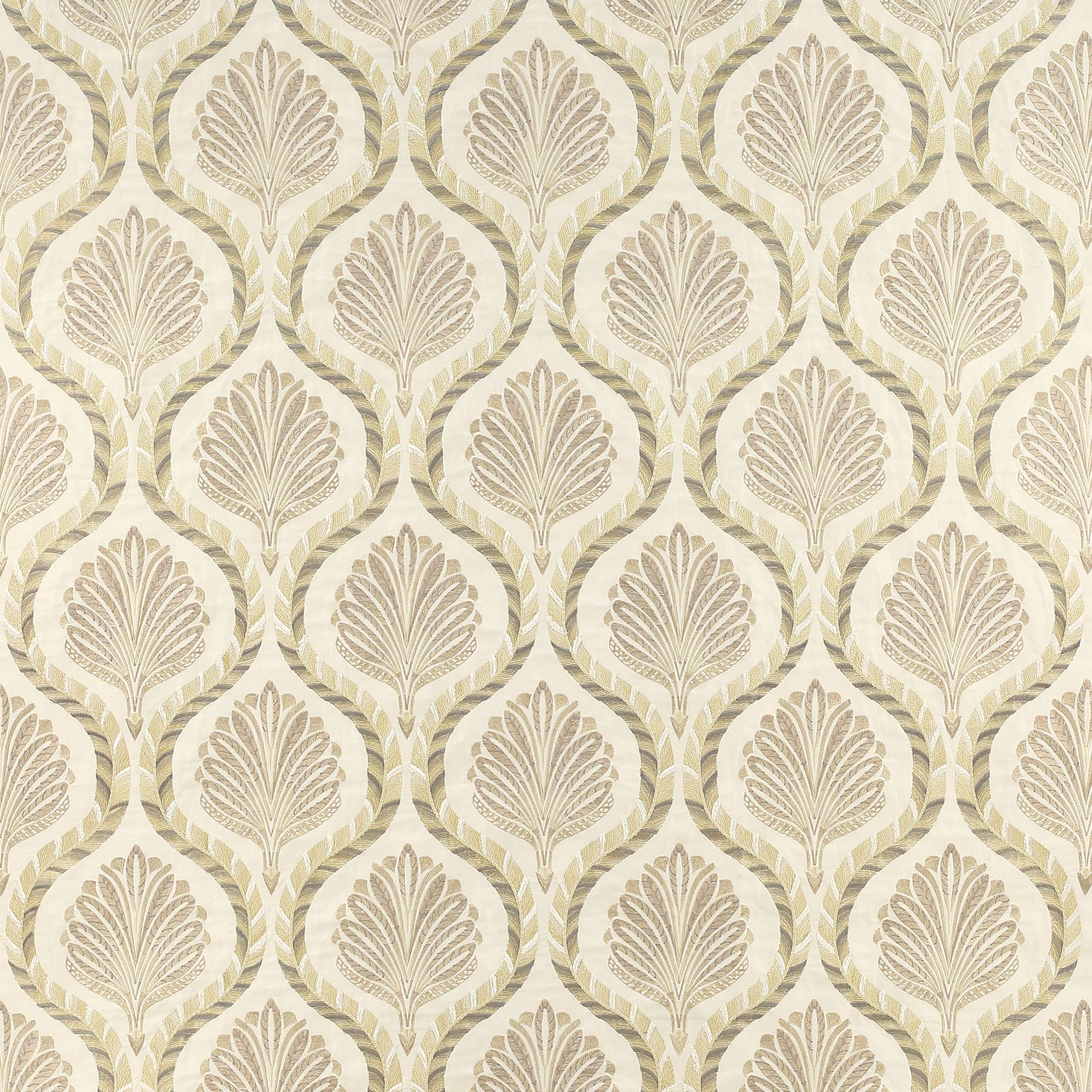 Pale gold woven fabric with repeating leaf medallions and soft textured sheen
