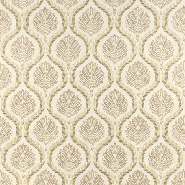 Pale gold woven fabric with repeating leaf medallions and soft textured sheen
