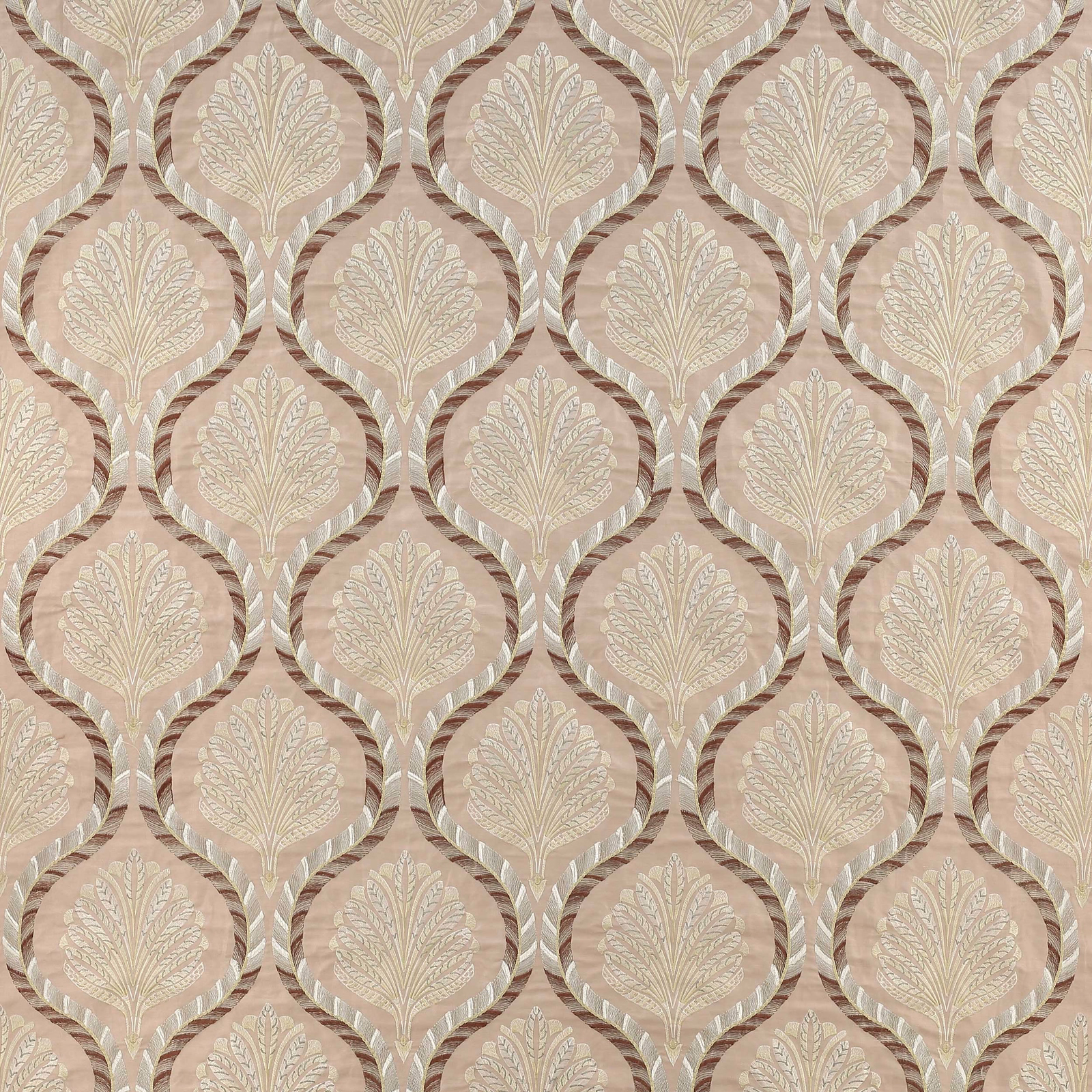 Blush pink woven damask fabric with ivory leaf medallions and soft sheen
