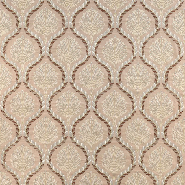 Blush pink woven damask fabric with ivory leaf medallions and soft sheen