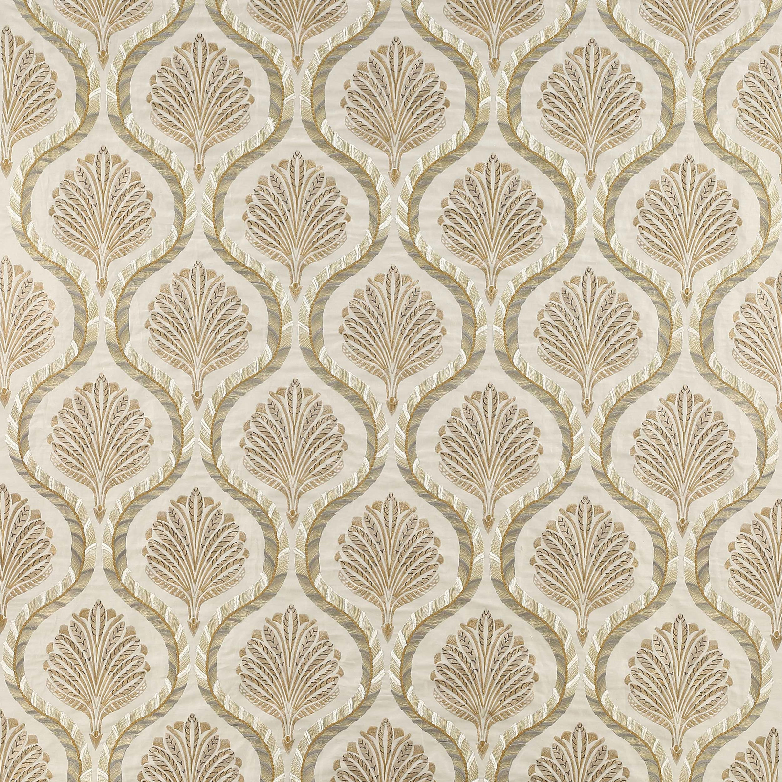 Pale silver taupe damask fabric with leaf motifs and a softly lustrous weave
