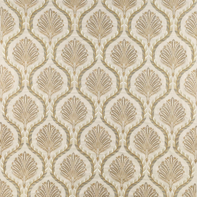 Pale silver taupe damask fabric with leaf motifs and a softly lustrous weave