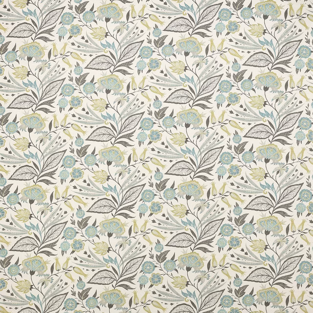 Aqua and lime floral botanical print on an off-white textured ground