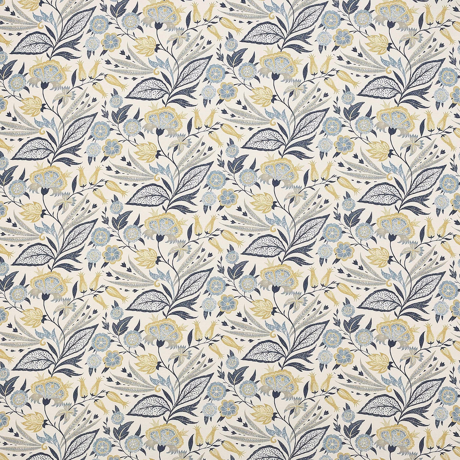 Floral vine fabric in indigo, pale blue and soft yellow on an ivory ground