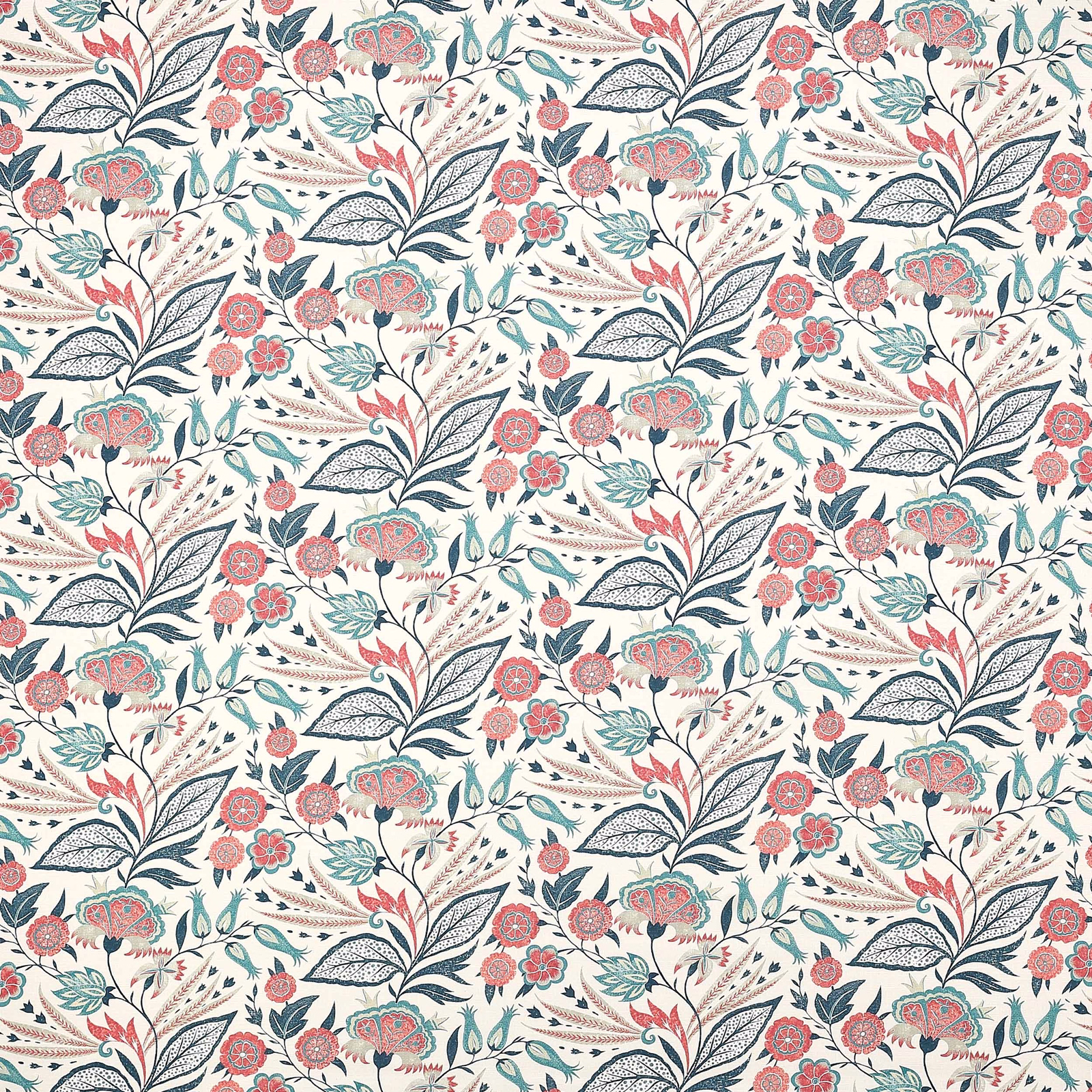 Ivory floral fabric with teal leaves, coral blooms and trailing stems