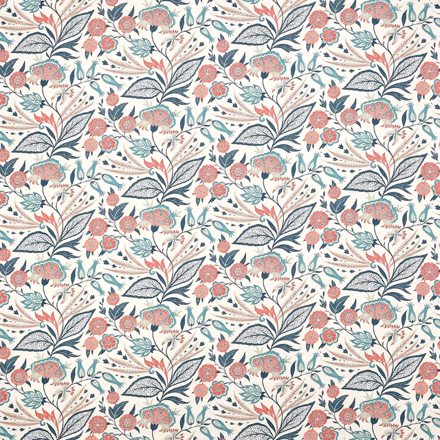 Ivory floral fabric with teal leaves, coral blooms and trailing stems