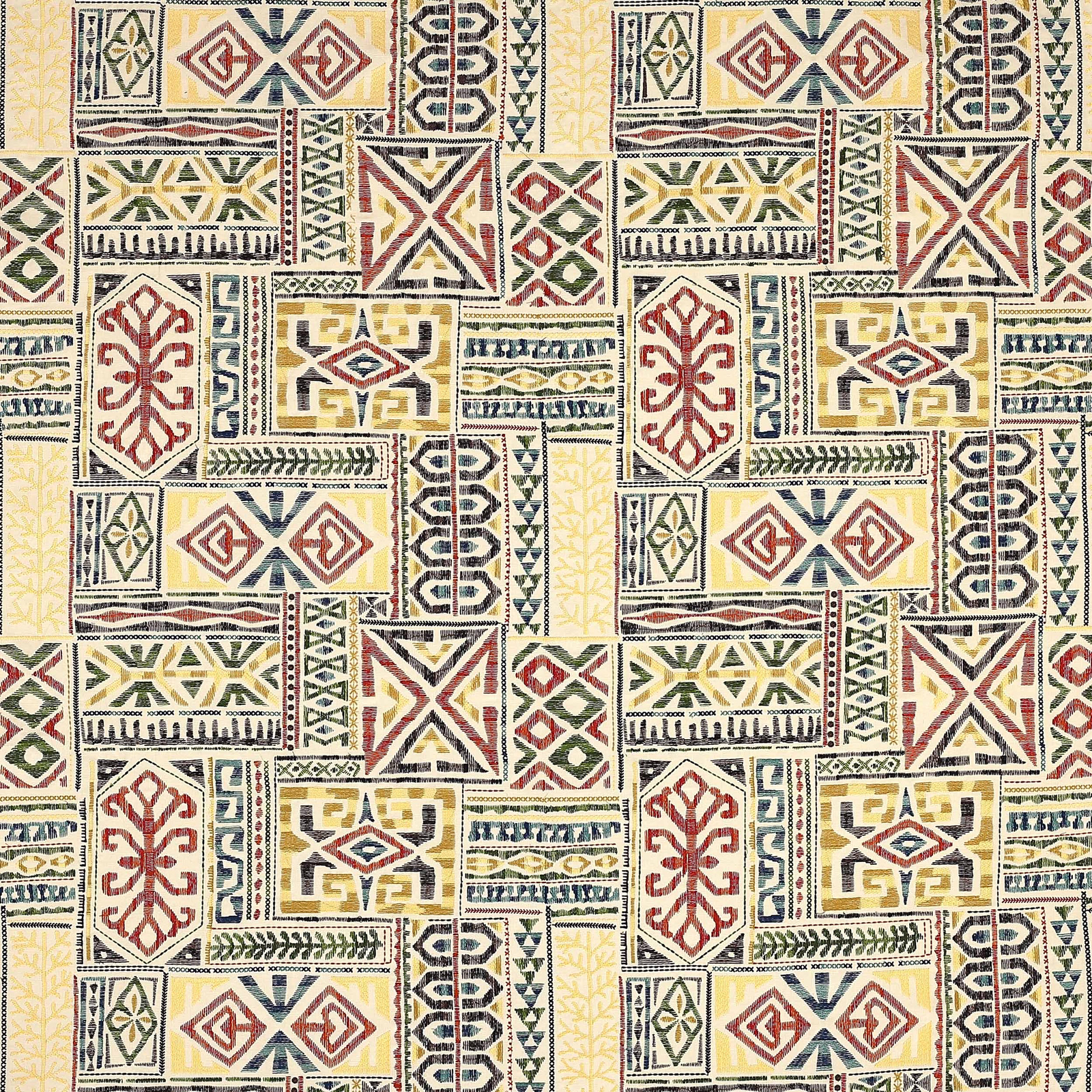 Cream multicolour geometric fabric swatch with red, yellow, blue and green motifs