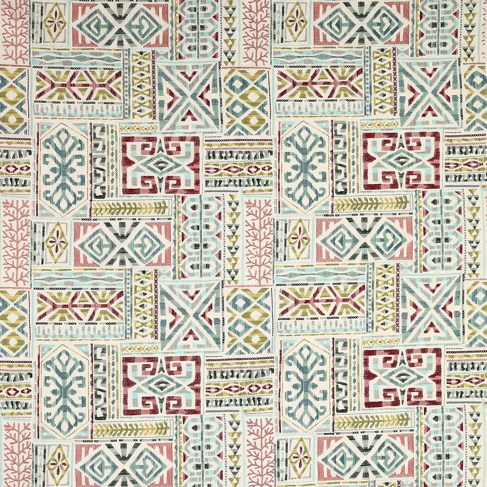 Geometric fabric swatch in red, aqua, cream and moss motifs