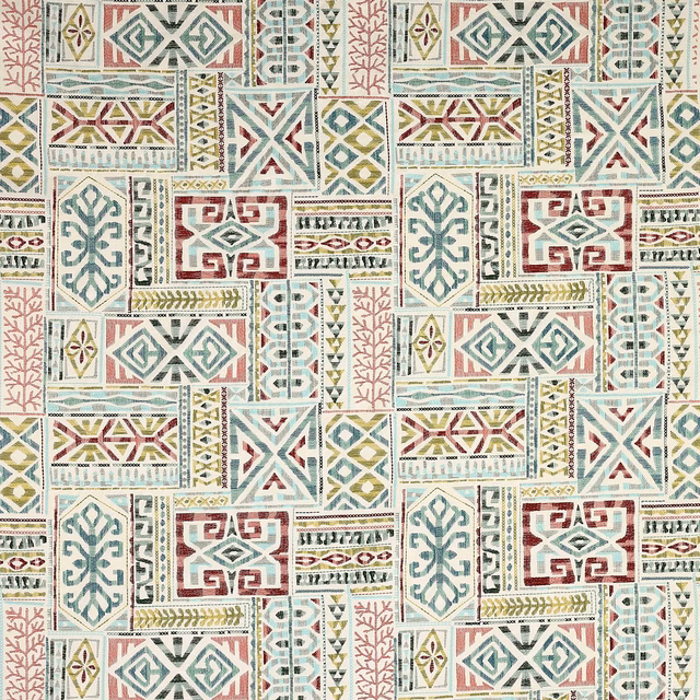 Geometric fabric swatch in red, aqua, cream and moss motifs