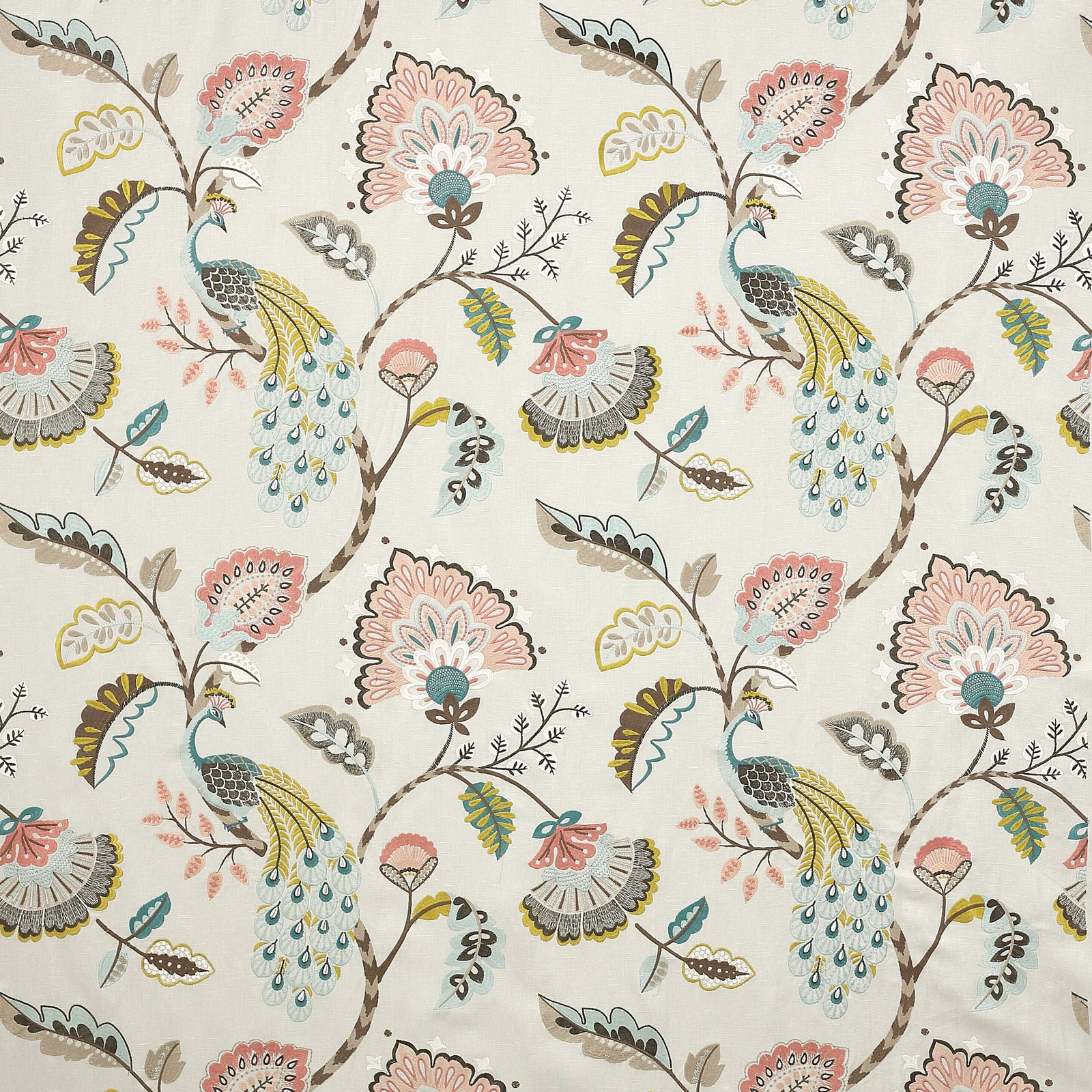 Ivory fabric swatch with large peacock and floral print in aqua, pink and sage