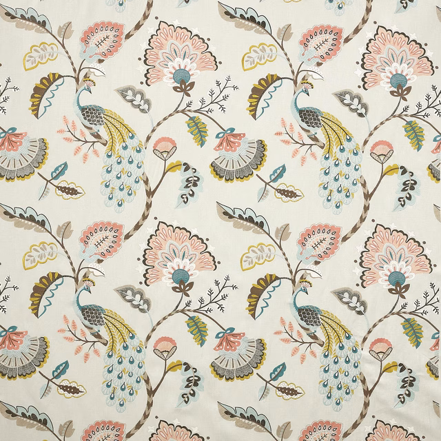 Ivory fabric swatch with large peacock and floral print in aqua, pink and sage