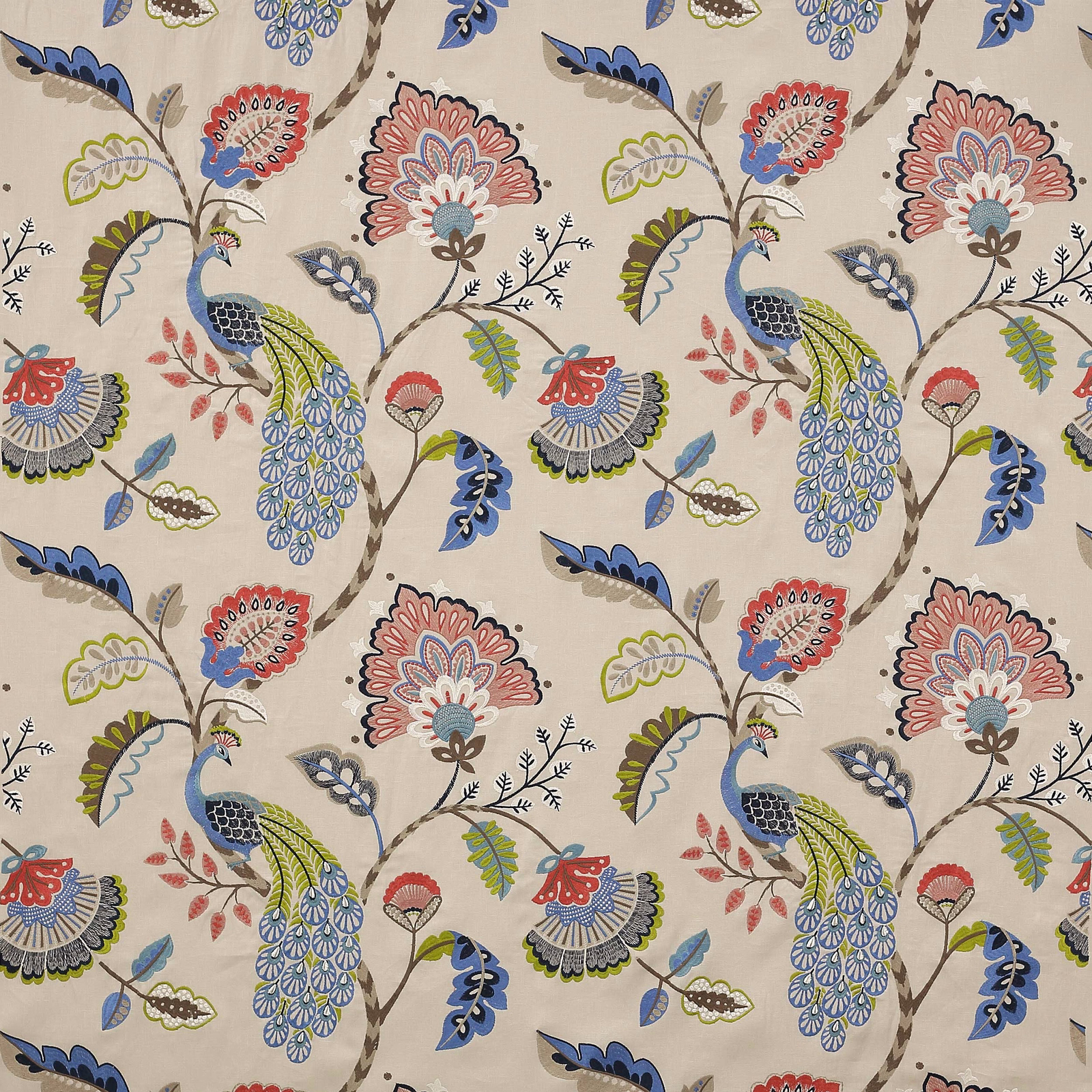 Printed fabric swatch with peacock blue birds and soft red floral branches on ivory
