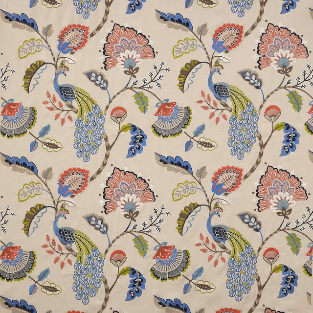 Printed fabric swatch with peacock blue birds and soft red floral branches on ivory