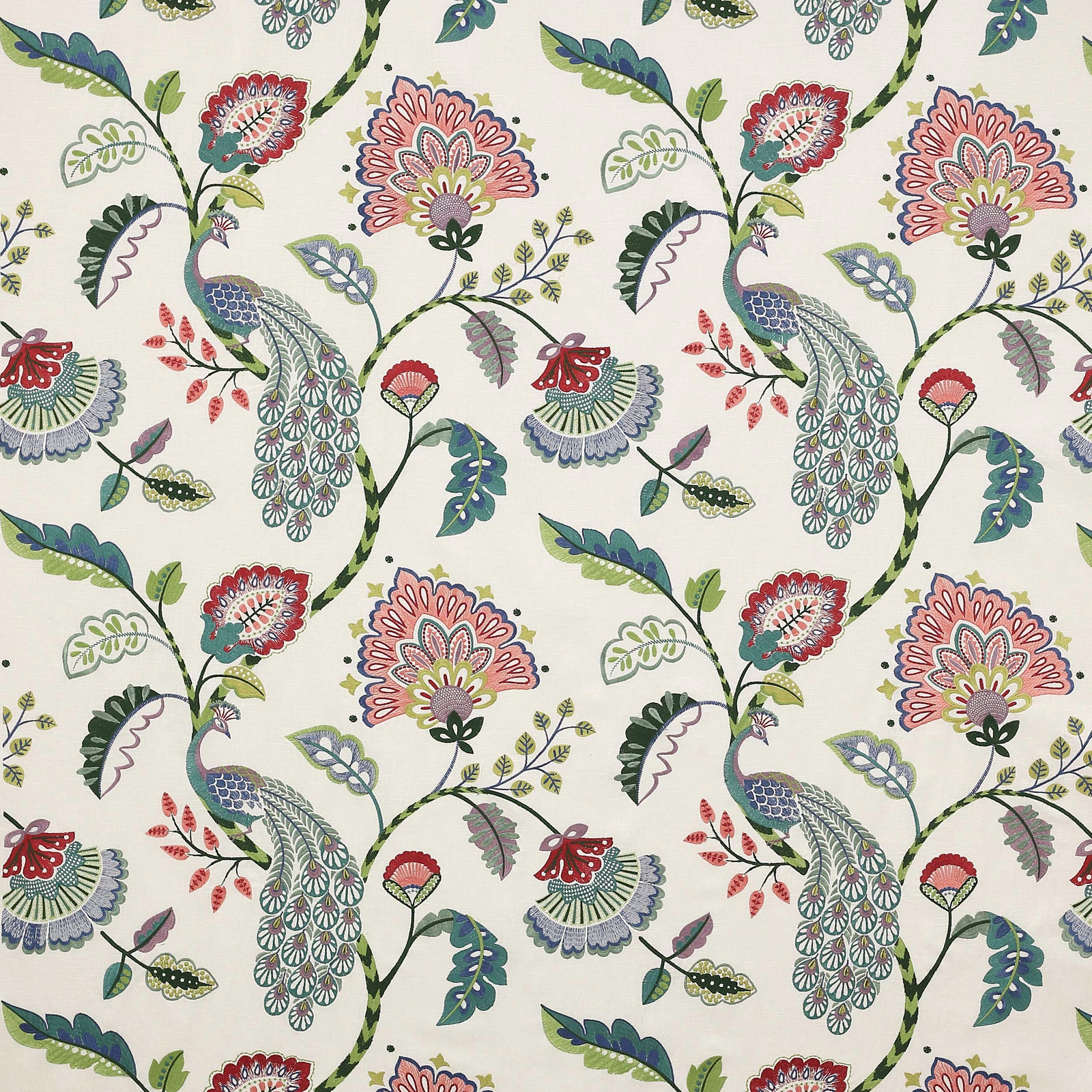 Ivory fabric swatch with peacock birds and floral vines in teal, pink and green