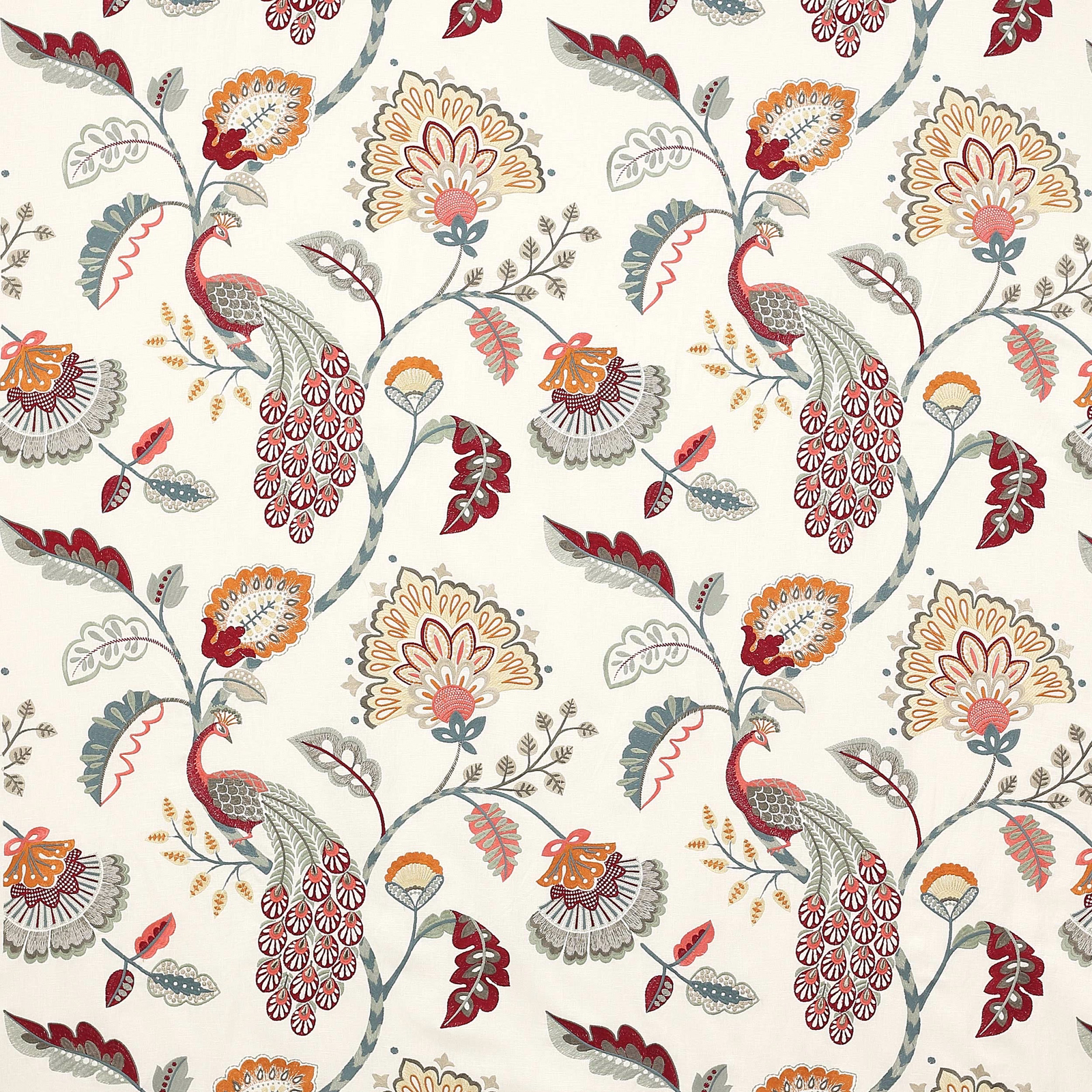 Patterned fabric swatch with peacocks, floral motifs and slate red detailing on cream