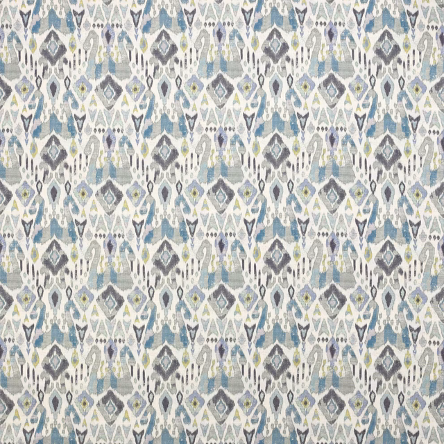 Geometric Azara fabric swatch in blue, aqua, grey and cream