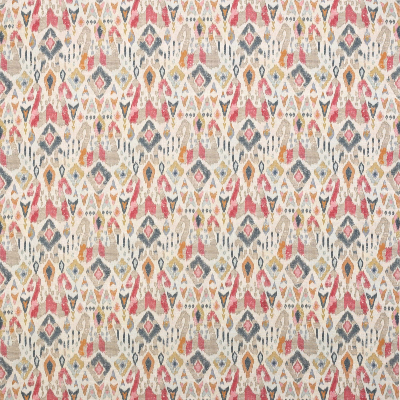 Patterned fabric swatch with warm red, blush, ochre and teal geometric motifs