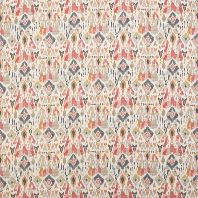 Patterned fabric swatch with warm red, blush, ochre and teal geometric motifs