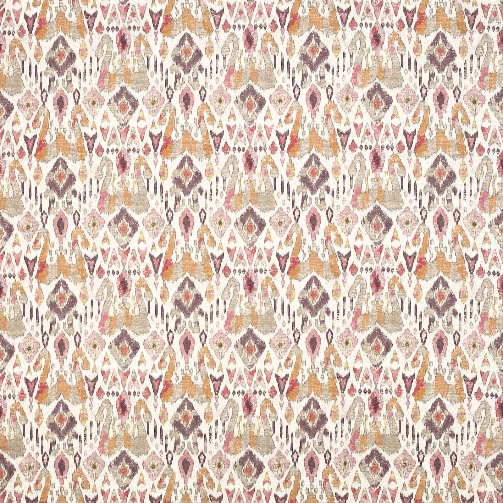 Patterned fabric swatch with muted red, pink and beige geometric motifs
