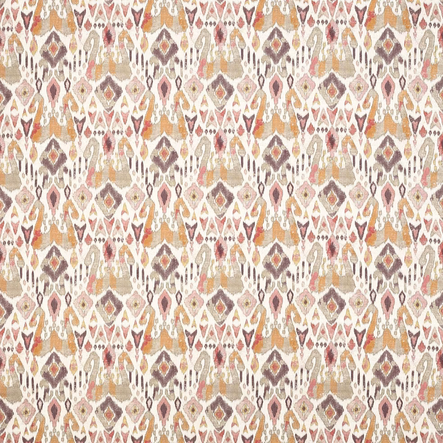 Patterned fabric swatch with muted red, pink and beige geometric motifs