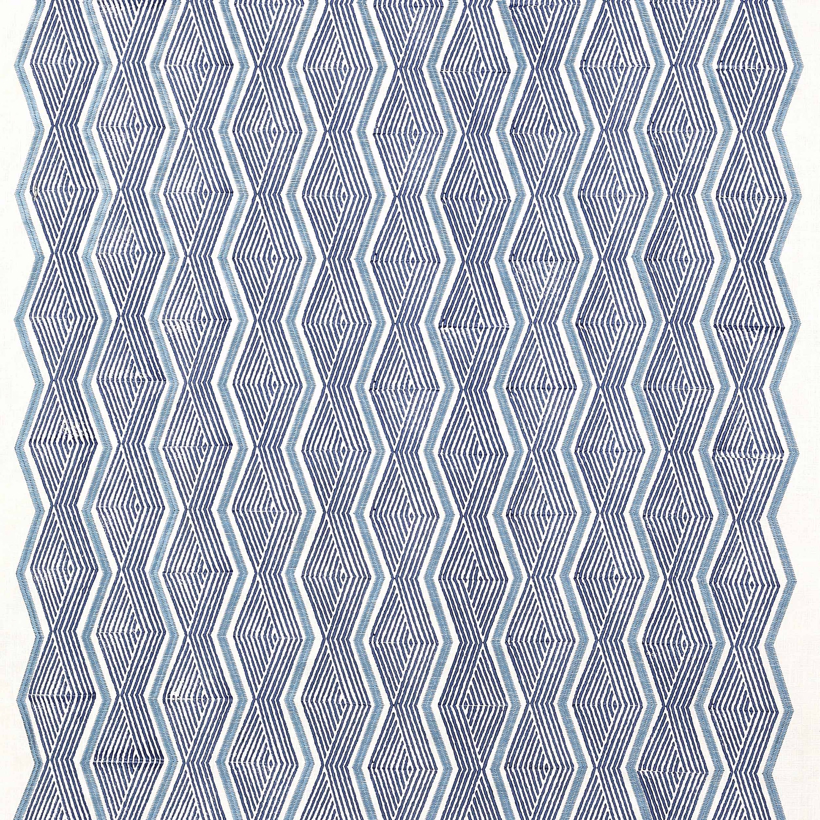 Blue and ivory geometric diamond fabric swatch with fine striped weave