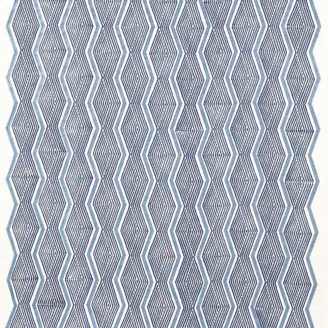Blue and ivory geometric diamond fabric swatch with fine striped weave
