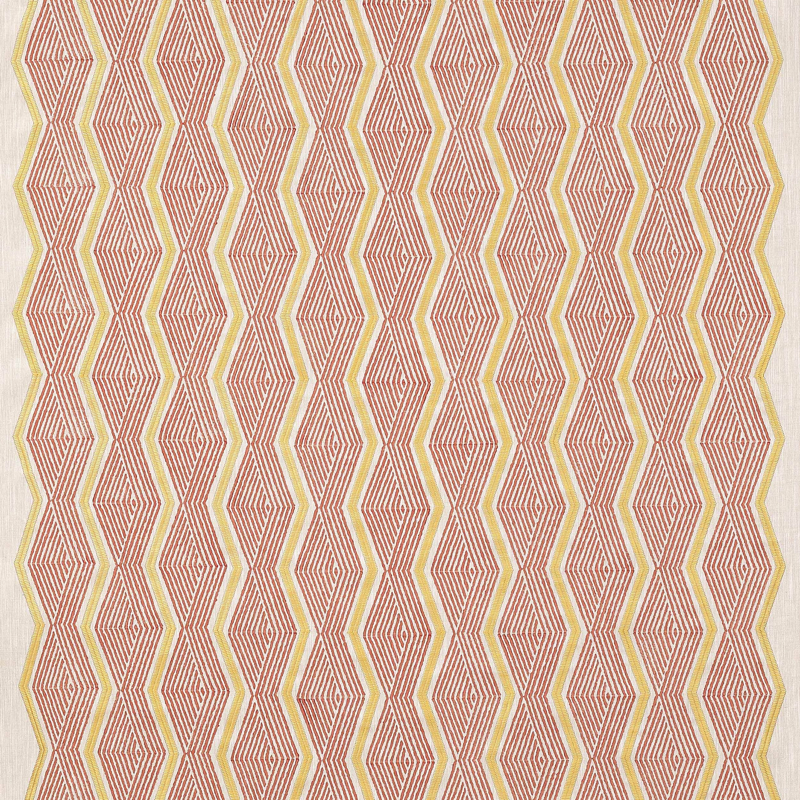 Coral and gold geometric diamond fabric on a pale ground, repeated vertically
