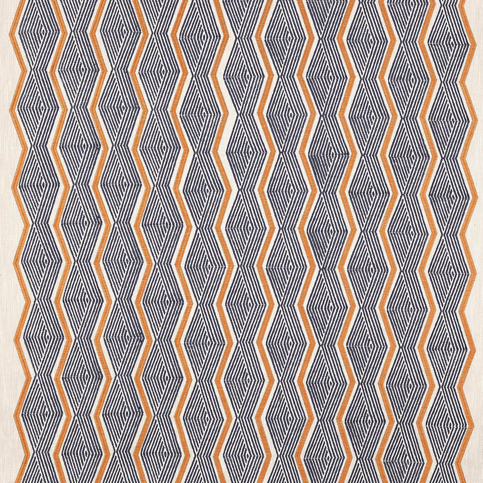 Geometric fabric swatch with indigo diamond stripes outlined in orange on a pale ground