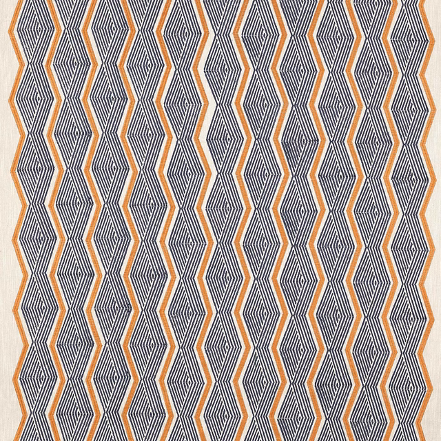 Geometric fabric swatch with indigo diamond stripes outlined in orange on a pale ground