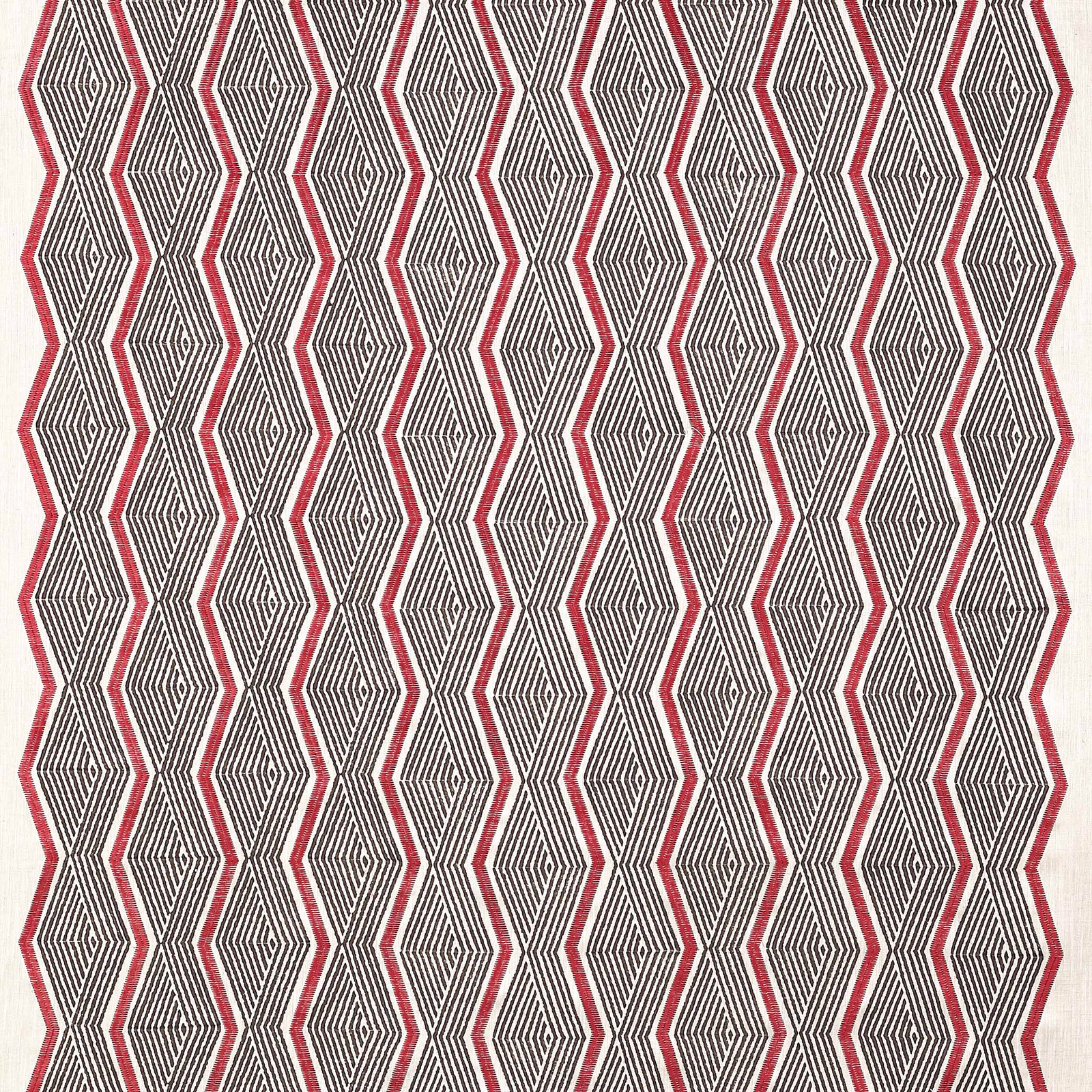 Red and dark geometric diamond lattice on a neutral woven fabric ground