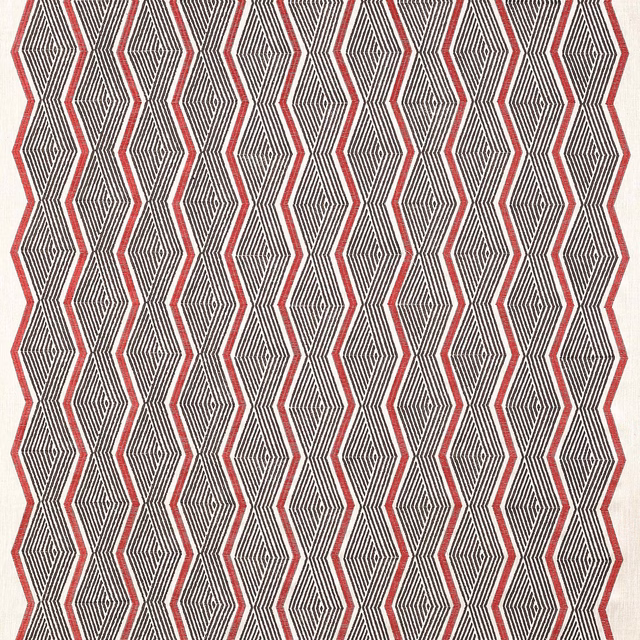 Red and dark geometric diamond lattice on a neutral woven fabric ground