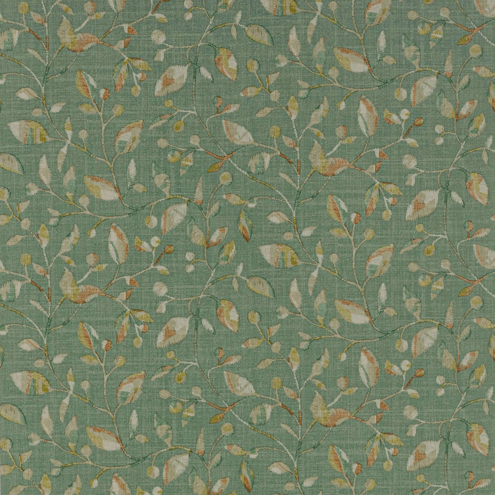Muted forest green wallpaper with trailing branches and cream, ochre leaves