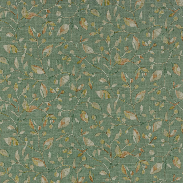 Muted forest green wallpaper with trailing branches and cream, ochre leaves