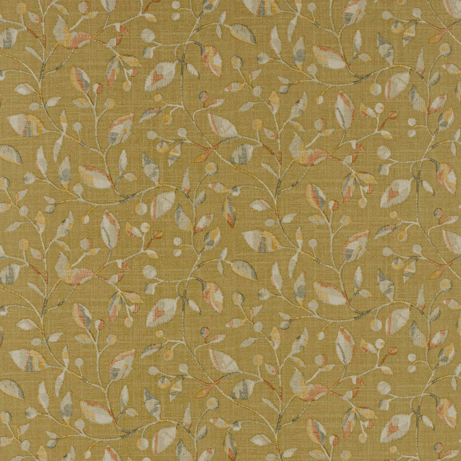Muted olive-gold wallpaper with cream, blue-grey and blush leaves on trailing vines