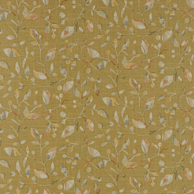 Muted olive-gold wallpaper with cream, blue-grey and blush leaves on trailing vines