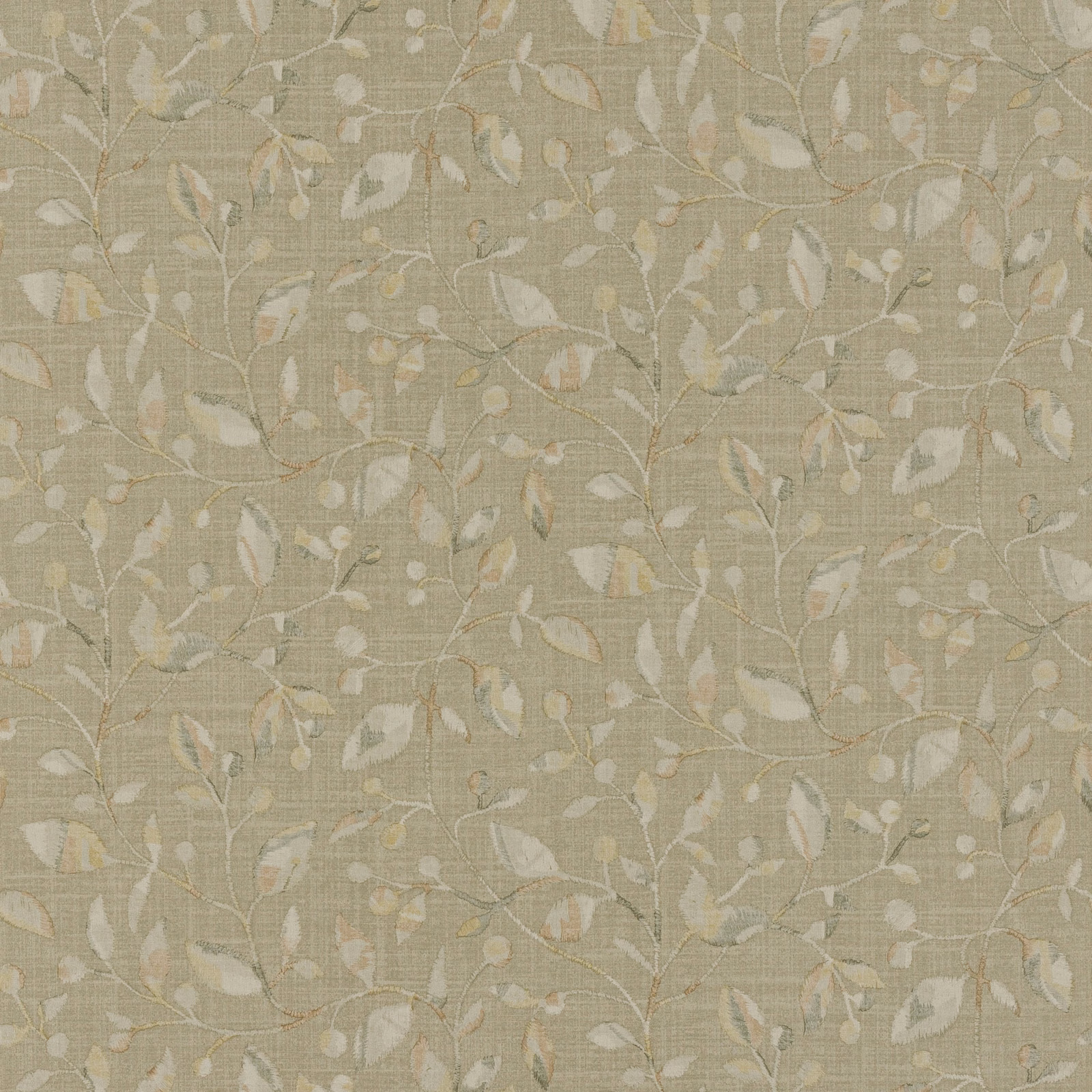 Oyster taupe wallpaper with pale leafy branches and subtle woven texture