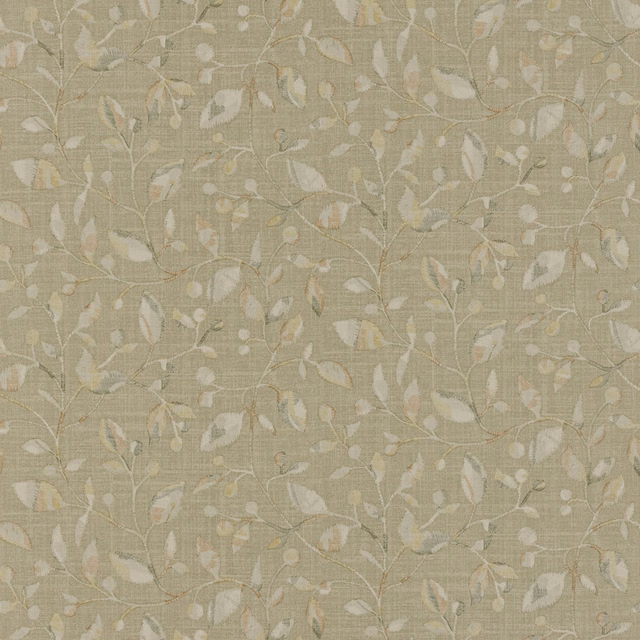 Oyster taupe wallpaper with pale leafy branches and subtle woven texture