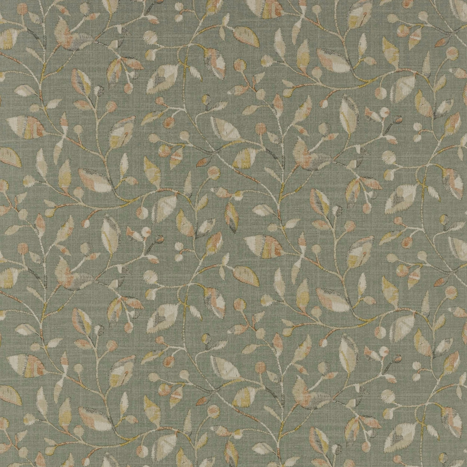 Steel blue-grey wallpaper with trailing vines and cream, taupe and blush leaves