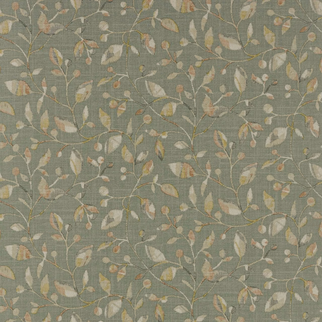 Steel blue-grey wallpaper with trailing vines and cream, taupe and blush leaves