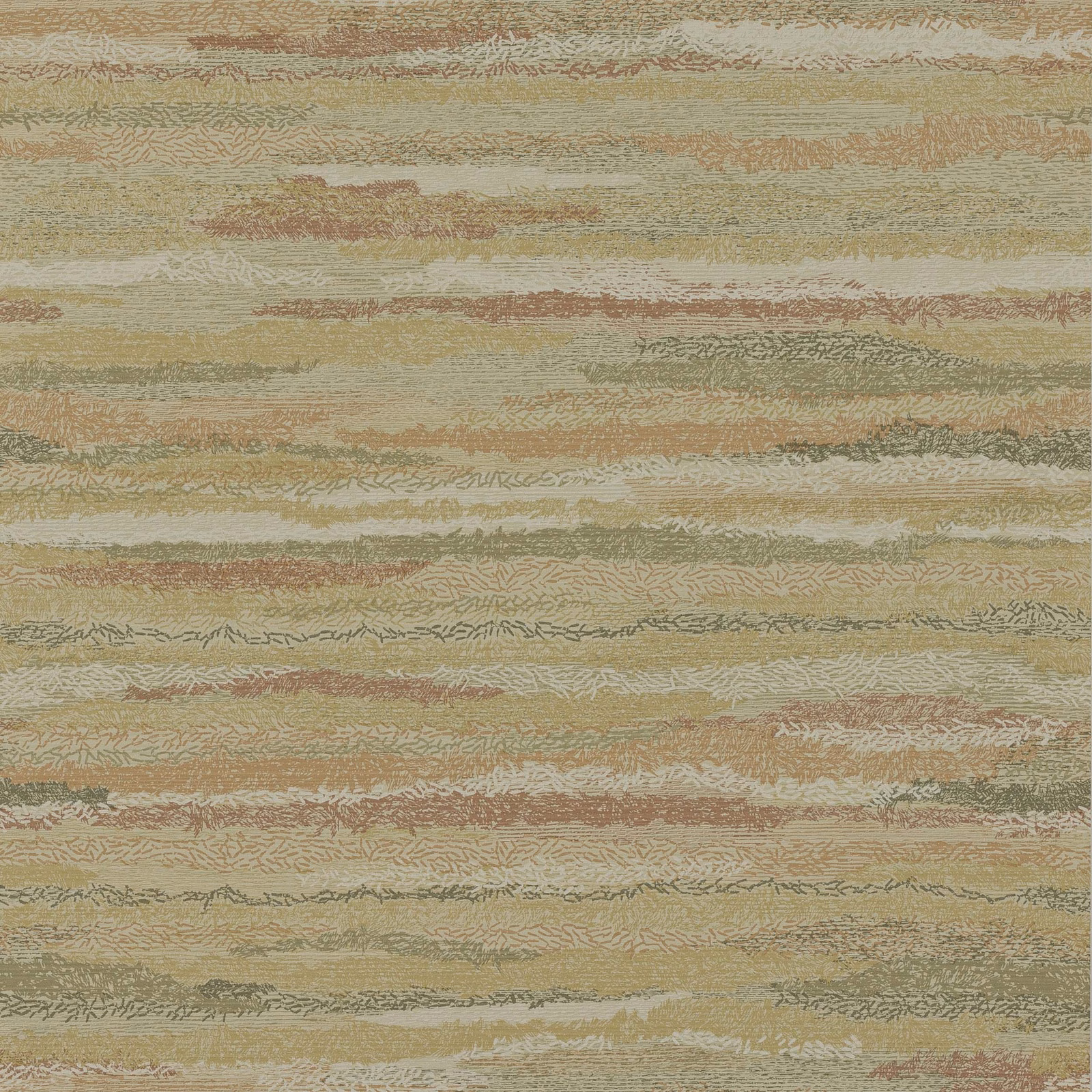 Dusty pink and gold wallpaper with layered horizontal bands and fine sketched linework
