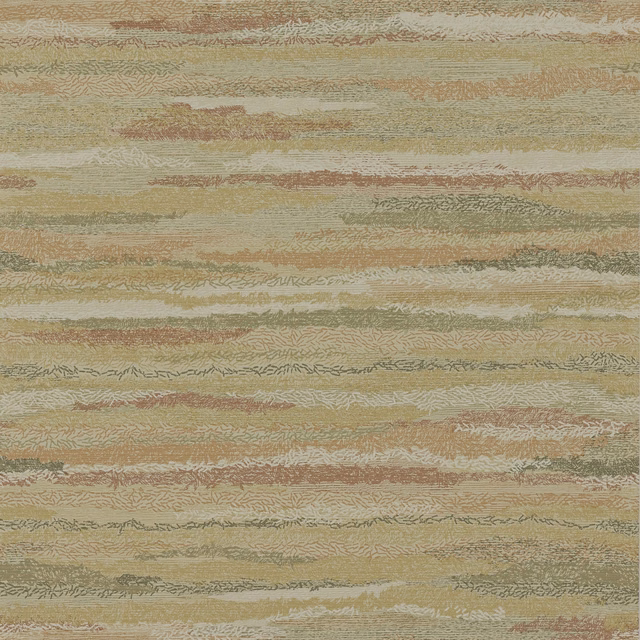 Dusty pink and gold wallpaper with layered horizontal bands and fine sketched linework