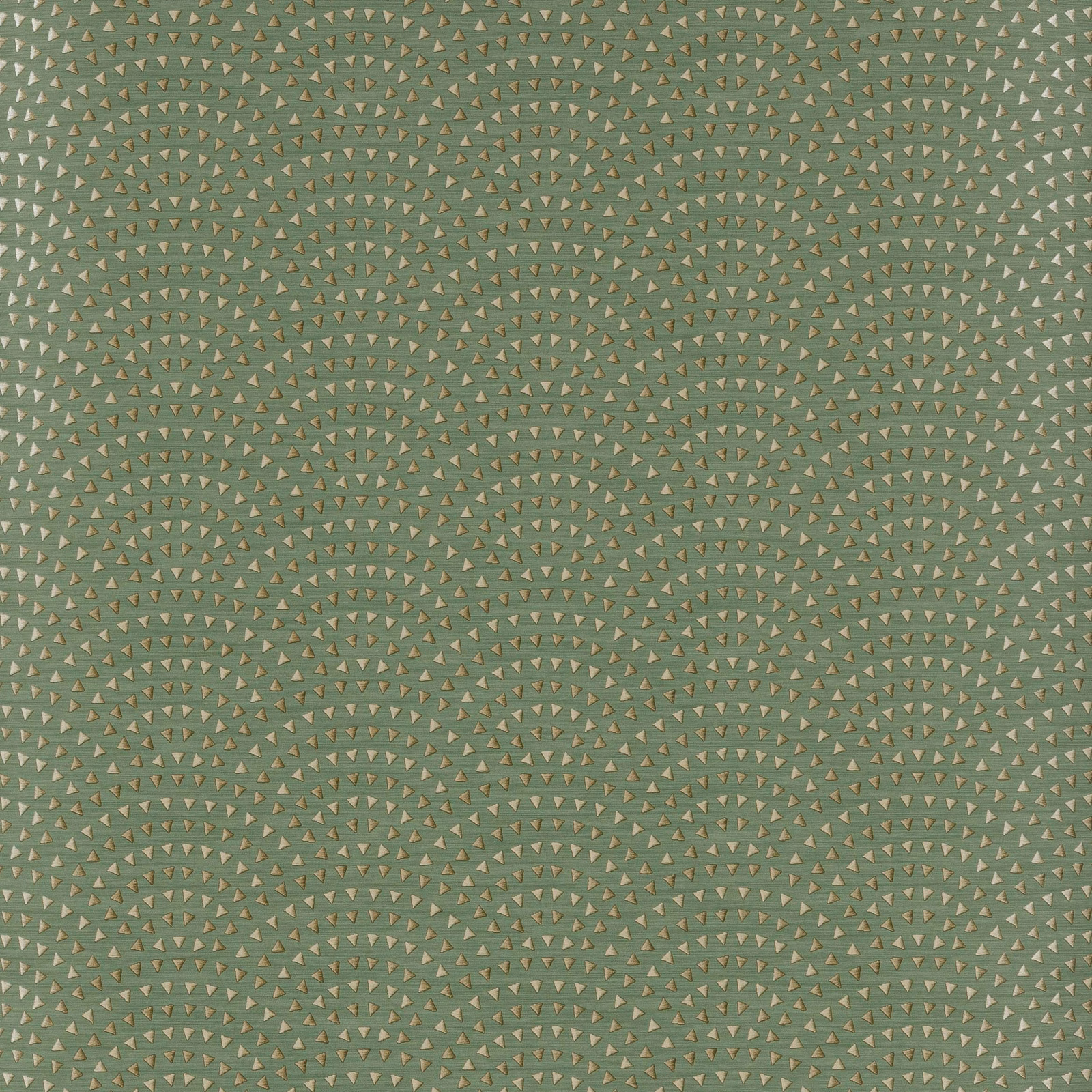 Muted forest-green wallpaper with tiny ochre fan motifs arranged in arcing rows