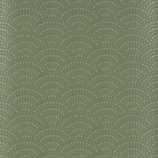 Muted forest-green wallpaper with tiny ochre fan motifs arranged in arcing rows