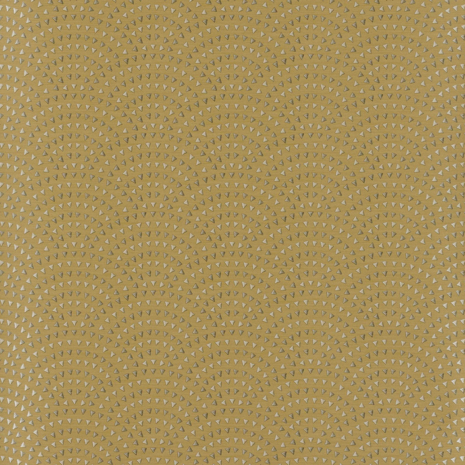 Warm ochre-gold wallpaper with tiny muted grey motifs arranged in curving rows