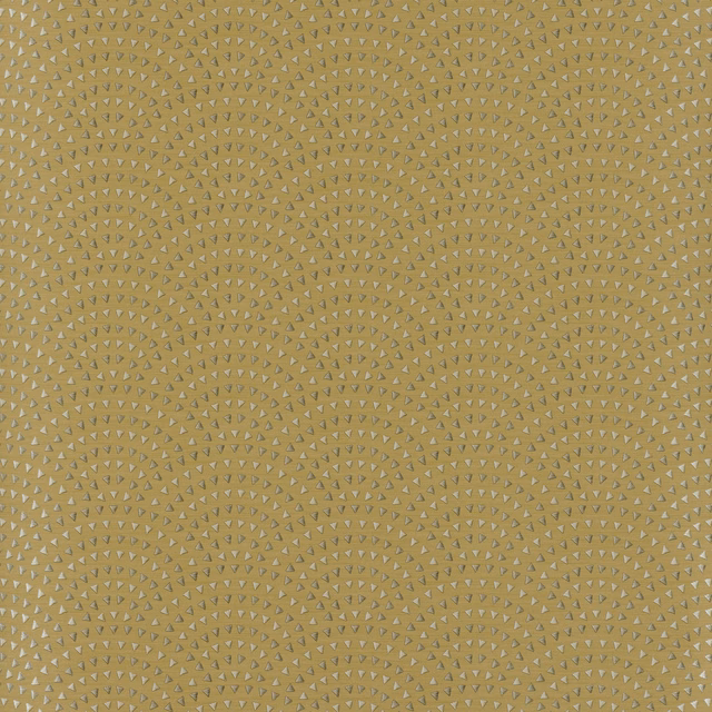 Warm ochre-gold wallpaper with tiny muted grey motifs arranged in curving rows