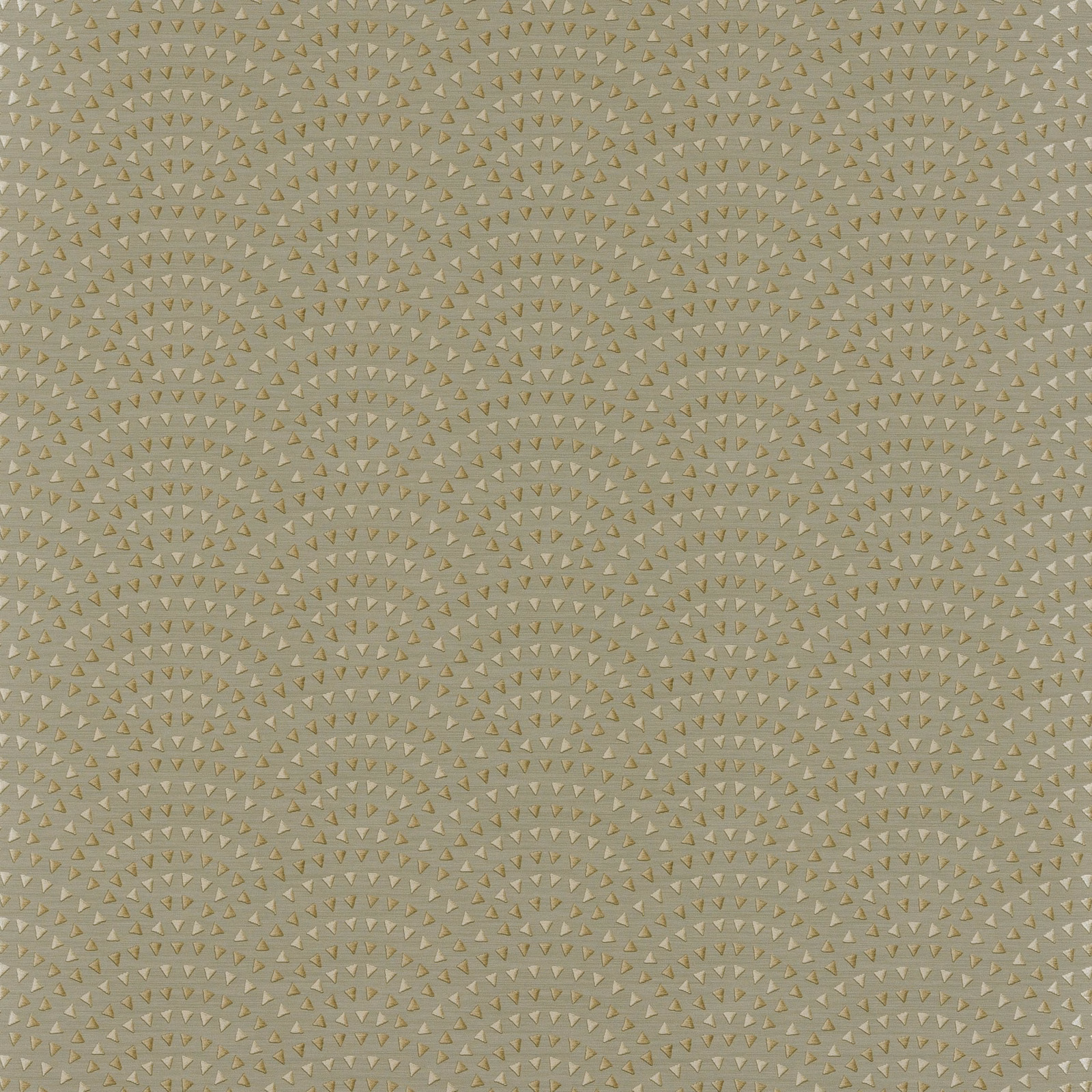 Muted silver-grey wallpaper with tiny taupe fan motifs in a repeating field