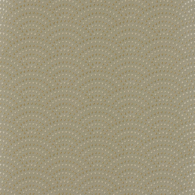 Muted silver-grey wallpaper with tiny taupe fan motifs in a repeating field