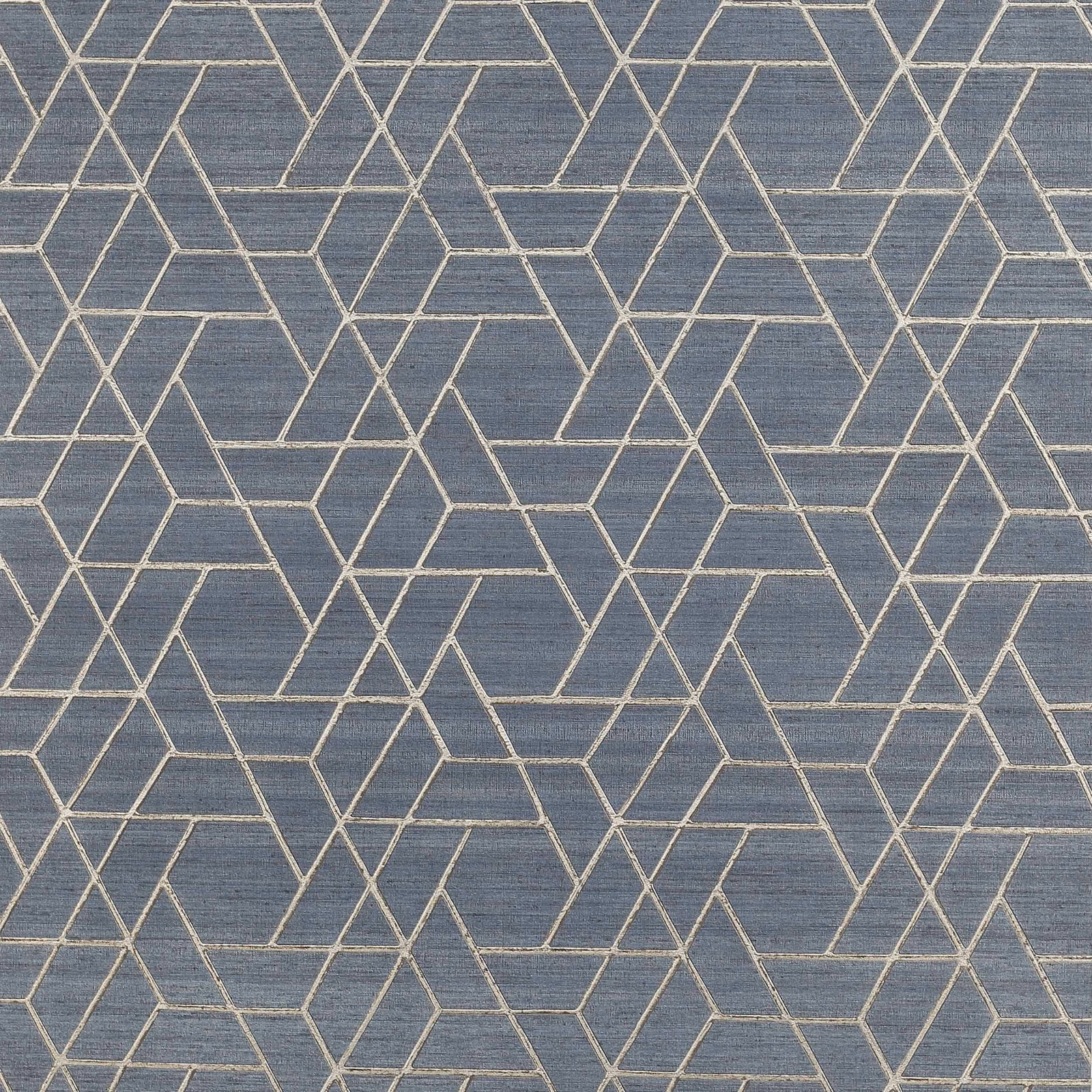 Slate-blue geometric wallpaper with fine ivory-gold intersecting lines and subtle horizontal grain