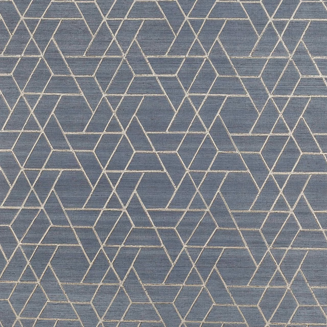 Slate-blue geometric wallpaper with fine ivory-gold intersecting lines and subtle horizontal grain