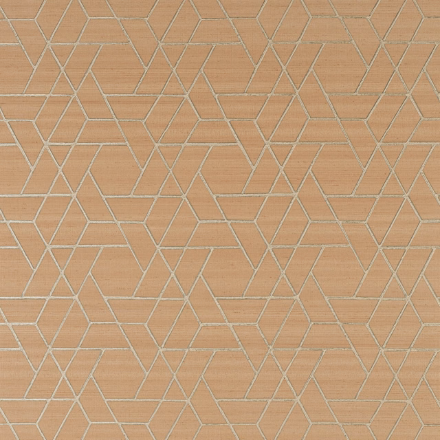 Dusty pink wallpaper with pale grey angular tracery and fine horizontal texture